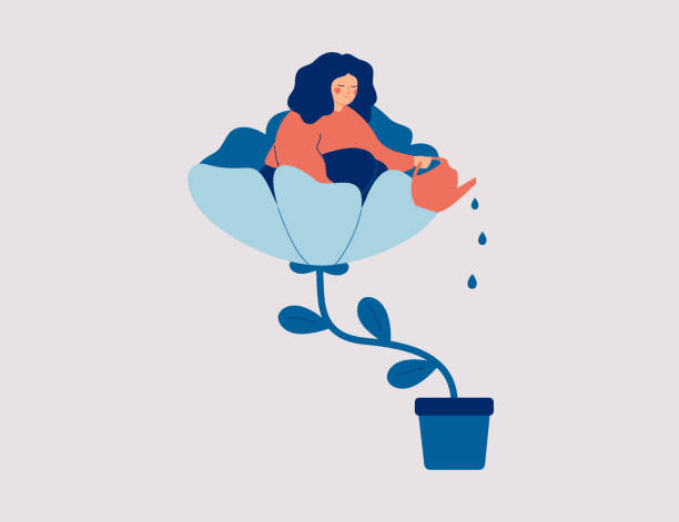 Illustration of a person watering a growing flower