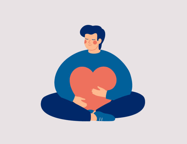Illustration of a person seated calmly, holding a heart