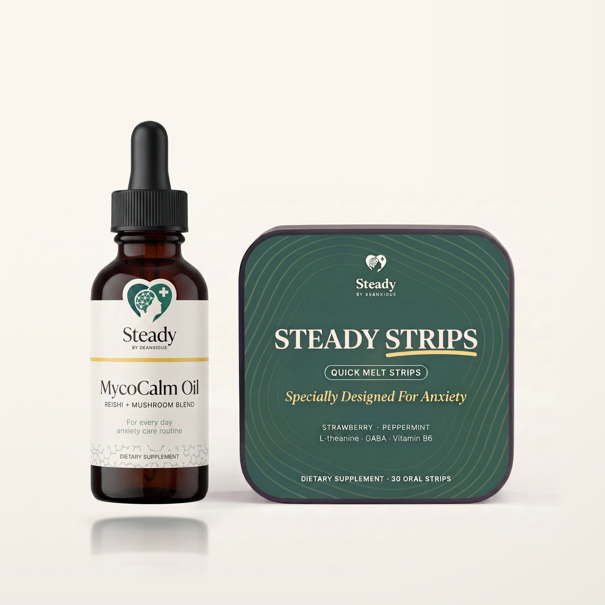 The Steady Rituals Collection: the MycoCalm Oil dropper bottle beside the green Steady Strips tin on a warm cream ground.