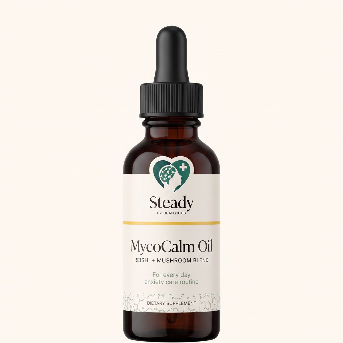 MycoCalm Oil: an amber glass dropper bottle with a black dropper cap and a cream Steady label, on a warm cream ground.