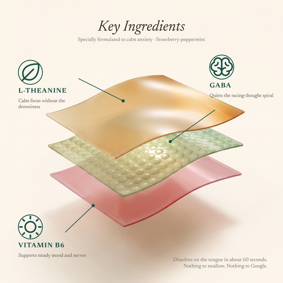 Illustration of a Steady Strip in three layers, labelled L-theanine, GABA and vitamin B6.
