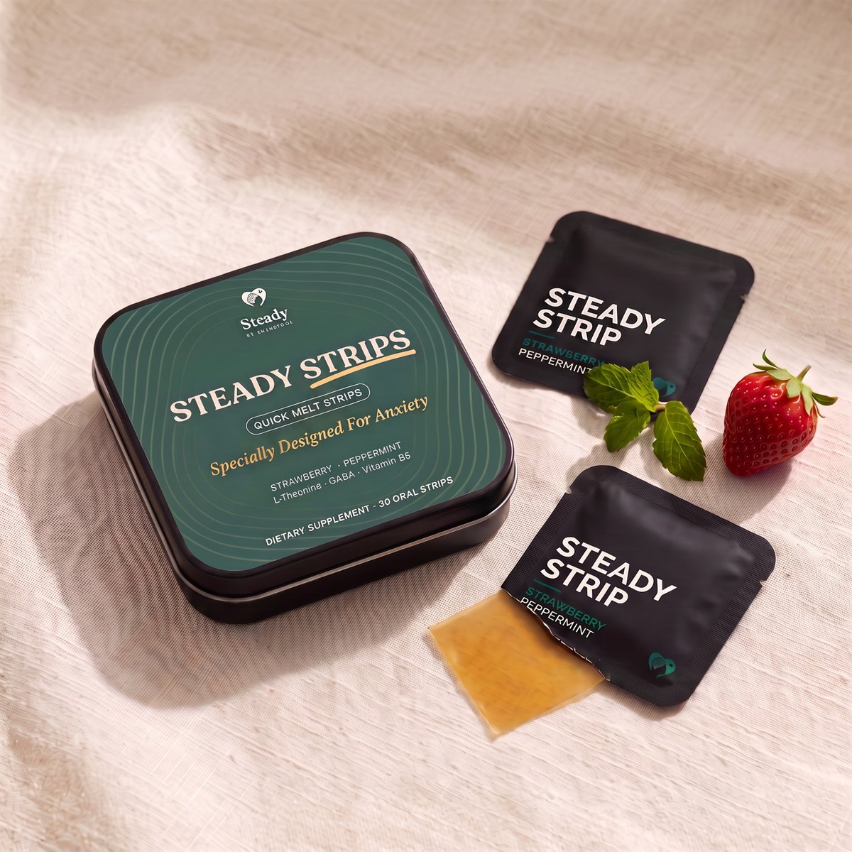 The green Steady Strips tin on a linen cloth beside two black single-strip sachets, a strawberry and fresh mint.