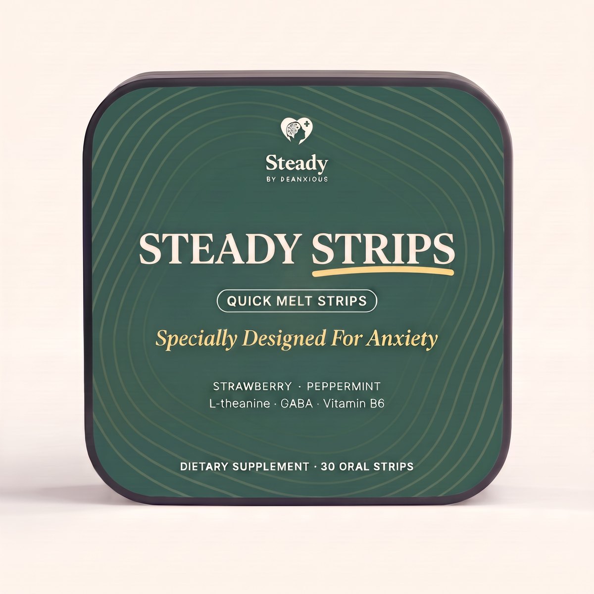 Steady Strips: a rounded black tin with a deep green Steady Strips label on its face, photographed straight on against a warm cream ground.