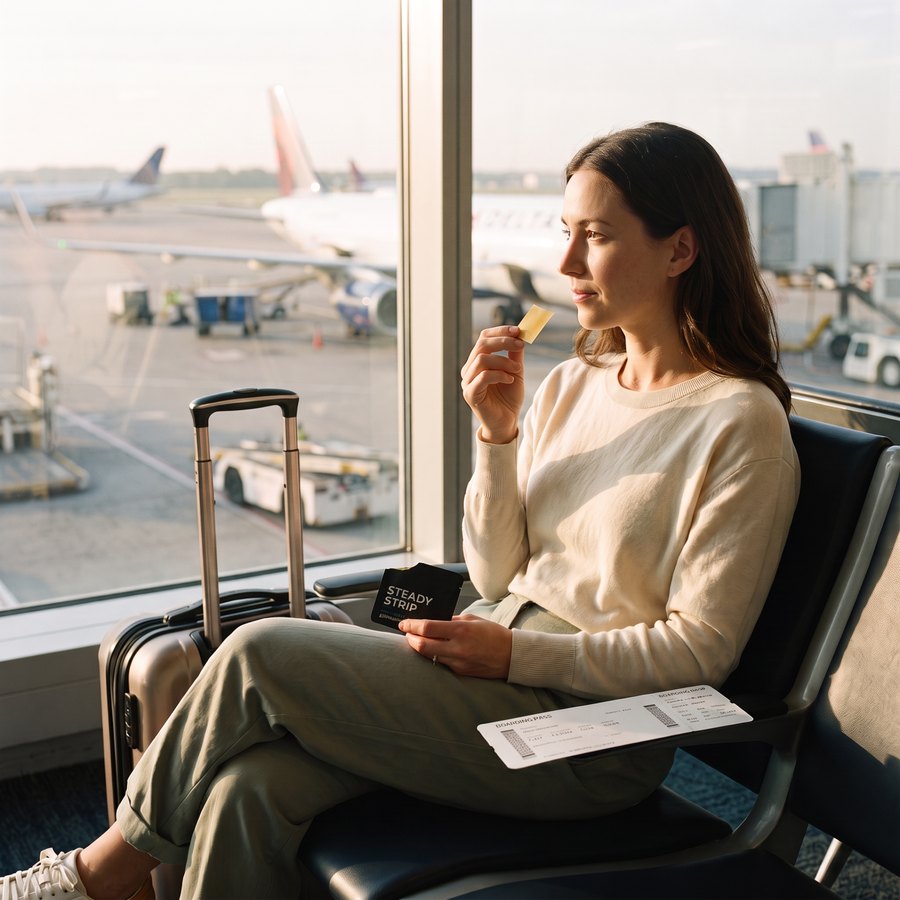 A woman waiting at an airport gate takes a Steady Strip, her suitcase beside her and planes outside.