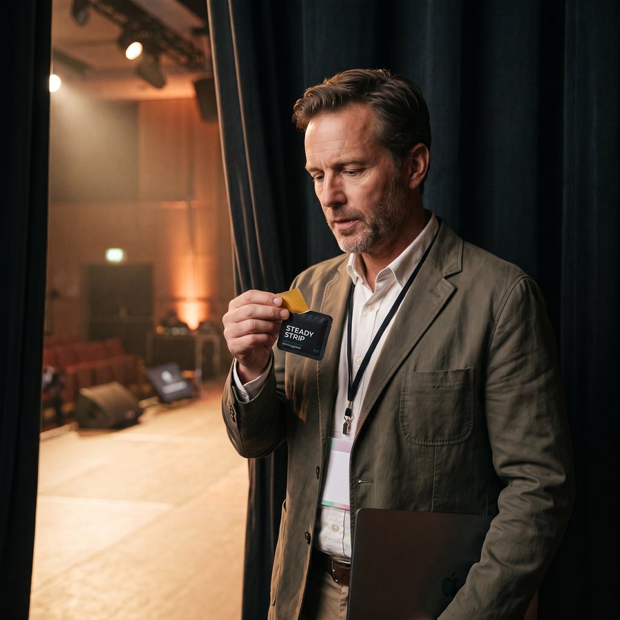 A man with a lanyard holds a Steady Strip sachet backstage, just out of sight of the audience.