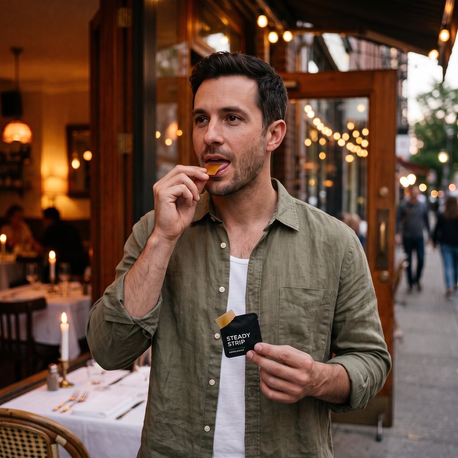 A man outside a candle-lit restaurant puts a Steady Strip on his tongue, sachet in hand.