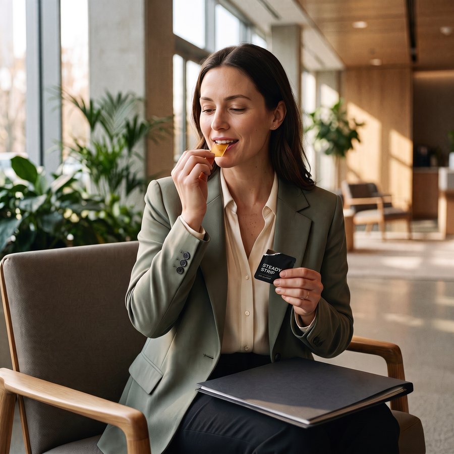 A woman in a green blazer takes a Steady Strip in a bright office lounge, laptop on her lap.